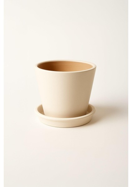 Tabaklı Krem Konik Çömlek Saksı 23X23 cm