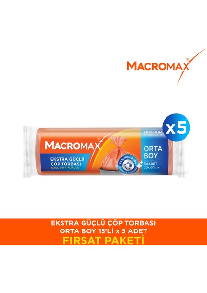 Ekstra Güçlü Çöp Torbası Orta Boy - 15 Li Paket X5