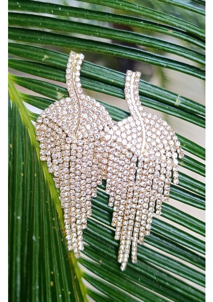 Sarı Renk Zirkon Taşlı Lüks Abiye Küpe