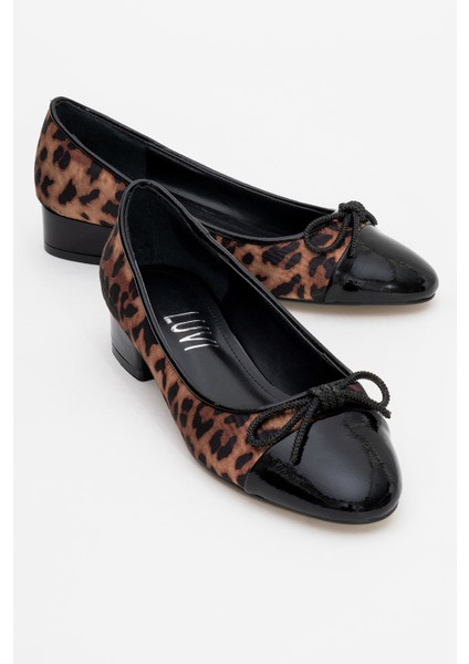 Julien Siyah Sarı Desenli Fiyonklu Kadın Topuklu Babet Ayakkabı