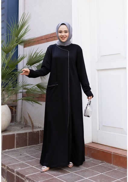 Kadın Taş Detaylı Cepli Rahat Kalıp Siyah Elbise