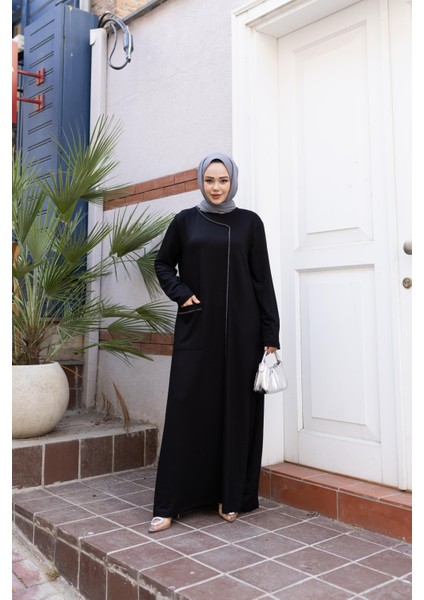 Kadın Taş Detaylı Cepli Rahat Kalıp Siyah Elbise fiyatları