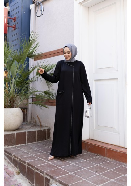 Kadın Taş Detaylı Cepli Rahat Kalıp Siyah Elbise modelleri