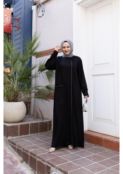 Kadın Taş Detaylı Cepli Rahat Kalıp Siyah Elbise fırsatları