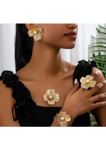Altın Renk Çiçek Tasarımlı Takı Seti | Kolye Bileklik Küpe Yüzük | Zarif Inci Detaylı 5 Parça Set