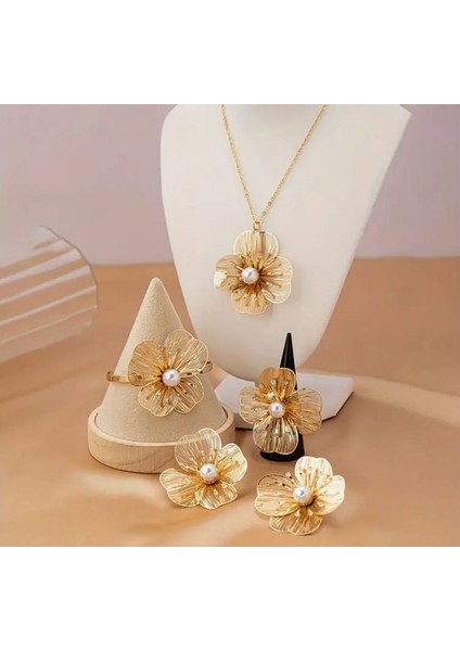 Altın Renk Çiçek Tasarımlı Takı Seti | Kolye Bileklik Küpe Yüzük | Zarif Inci Detaylı 5 Parça Set fiyatları