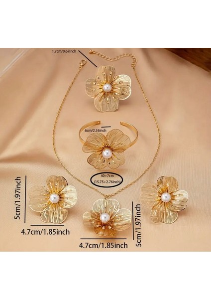 Altın Renk Çiçek Tasarımlı Takı Seti | Kolye Bileklik Küpe Yüzük | Zarif Inci Detaylı 5 Parça Set fırsatları