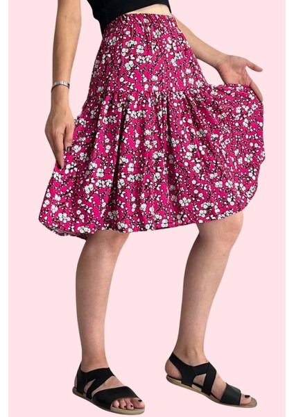 Viskon Kumaş Midi Boy Çiçek Desenli Kadın Şort Etek