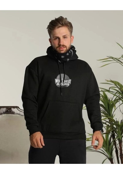 Erkek Sırt Baskılı Kapüşonlu Üç Iplik Oversize Sweatshirt - Siyah indirimleri