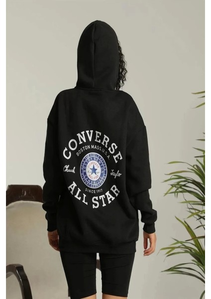 Kadın Sırt Baskılı Oversize Üç Iplik Kapüşonlu Sweatshirt - Siyah fırsatları