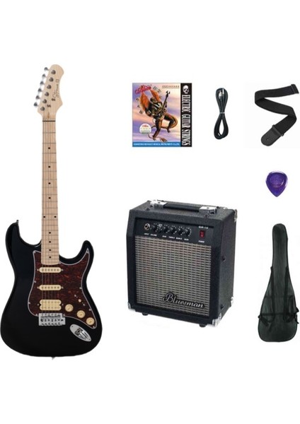 SECT-250BK Elektro Gitar Hss - Siyah Set(Anfi-Softcase-Askı-Tel-Kablo-Pena)