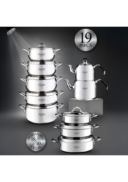 Mango Kitchen - 19 Parça Çelik Çeyiz Seti Çelik Çaydanlık Çelik Tencere Seti Çelik Sahan Seti