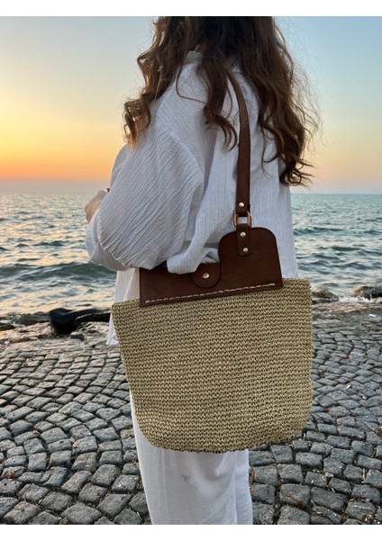 Hasır Omuz Çantası, Hasır, Deri Saplı Omuz Çantası