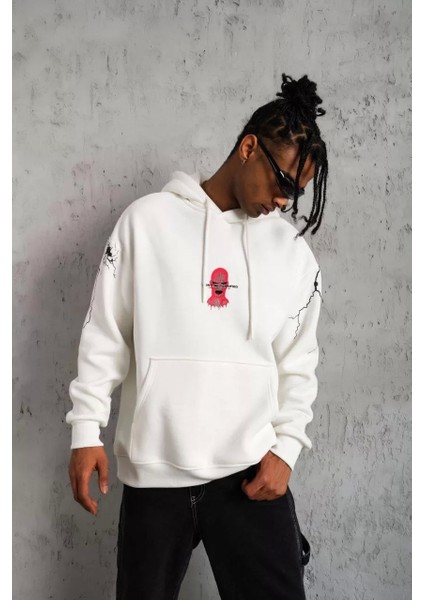 Erkek Maske Baskılı Kapüşonlu Sweat - Beyaz modelleri