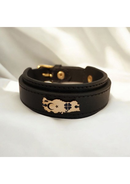 Altın Plakalı 14 Ayar Kalpli Çiçek Temalı Türkiye Haritalı Siyah Derili Hediye BILEKLIK-440SEMBOL