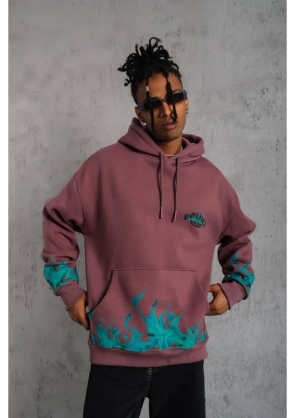 Erkek Üç Iplik Içi Pamuklu Alev Baskılı Kapüşonlu Sweatshirt - Gül Kurusu modelleri