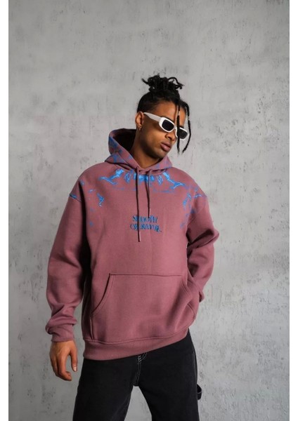 Erkek Yıldırım Baskılı Kapşonlu Sweat - Gül Kurusu modelleri