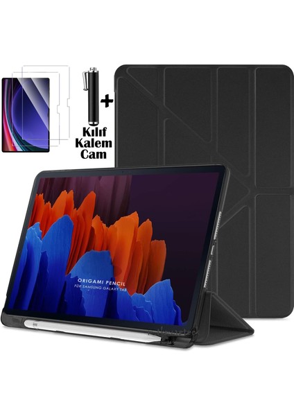 Samsung Galaxy Tab S6 Lite 2024 P610 P617 P620 10.4 Kılıf Kalem Bölmeli Katlanabilir Standlı Yumuşak Silikon Kapak + Ekran Koruyucu Cam + Dokunmatik Kalem 3'lü Set