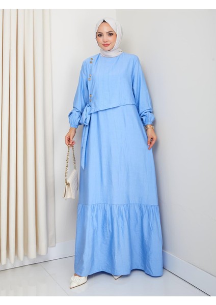 Kadın Bağlama Detaylı Mavi Çilek Kumaş Elbise