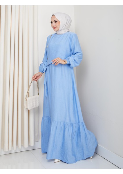 Kadın Bağlama Detaylı Mavi Çilek Kumaş Elbise fiyatları