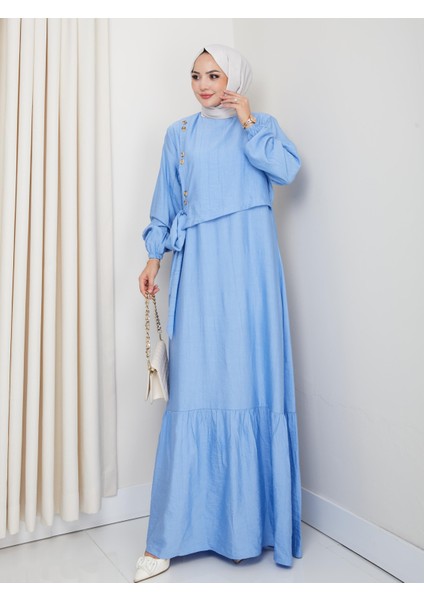 Kadın Bağlama Detaylı Mavi Çilek Kumaş Elbise modelleri