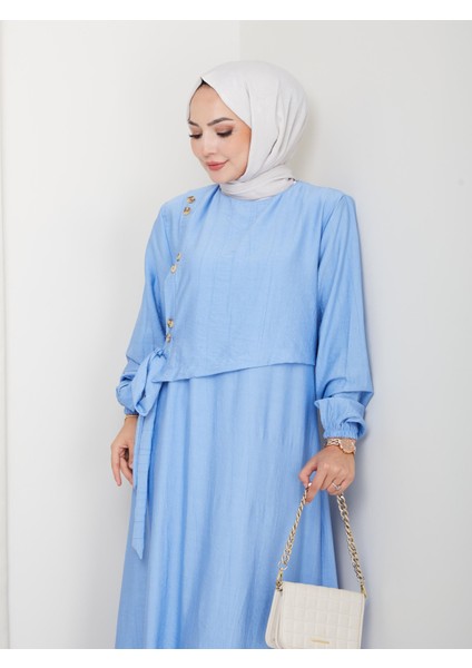 Kadın Bağlama Detaylı Mavi Çilek Kumaş Elbise fırsatları