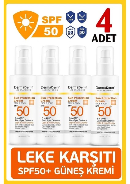 4 Adet Spf 50+ Güneş Koruma ve Leke Karşıtı Yüz ve Vücut Güneş Kremi 4 x 100 Gr.