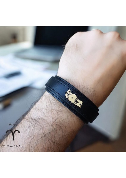 14 Ayar Plakalı Altın Koç Burçlarına Özel Siyah Derili Türkiye Haritalı Hediye BILEKLIK-440BURÇ