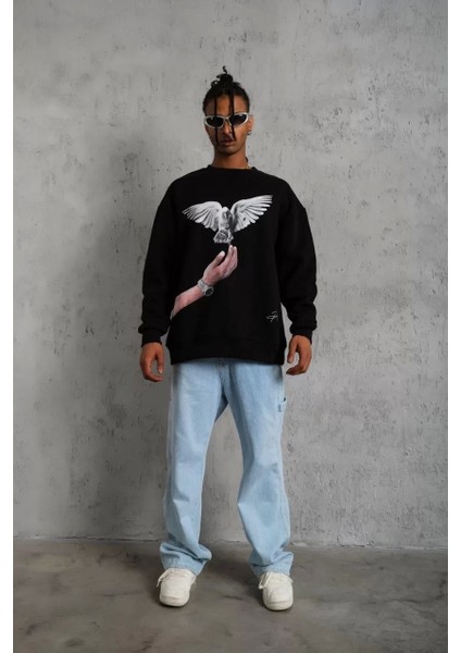 Erkek Güvercin Baskılı Sweatshirt - Siyah fiyatları