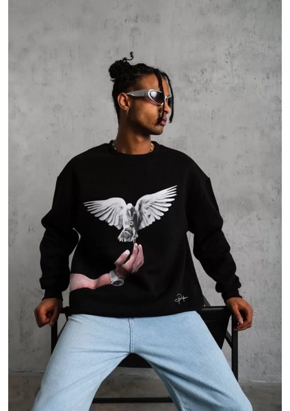 Erkek Güvercin Baskılı Sweatshirt - Siyah modelleri