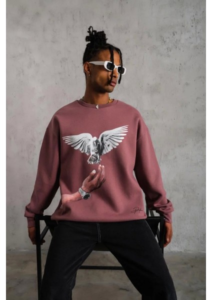 Erkek Güvercin Baskılı Sweatshirt - Gül Kurusu indirimleri