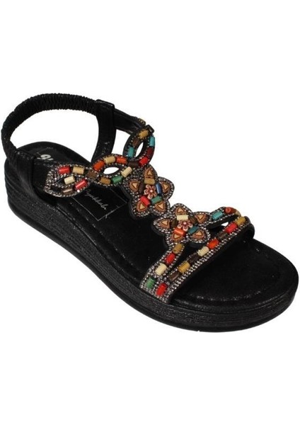 Yazkış Kadın Siyah Ten Üzeri Taşlı Bileği Lastikli 4cm Rahat Taban Sandalet