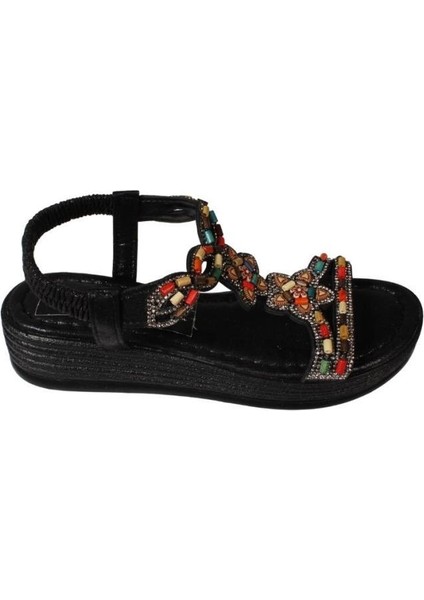 Yazkış Kadın Siyah Ten Üzeri Taşlı Bileği Lastikli 4cm Rahat Taban Sandalet fiyatları