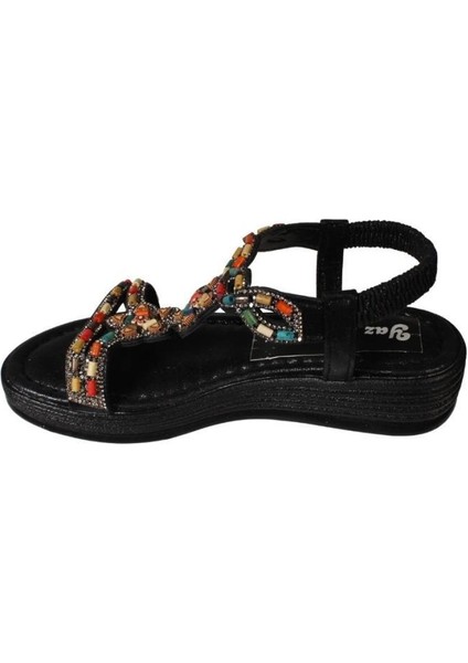 Yazkış Kadın Siyah Ten Üzeri Taşlı Bileği Lastikli 4cm Rahat Taban Sandalet modelleri