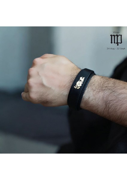 Altın Plakalı 14 Ayar Başak Burçlarına Özel Siyah Derili Türkiye Haritalı Hediye BILEKLIK-440BURÇ