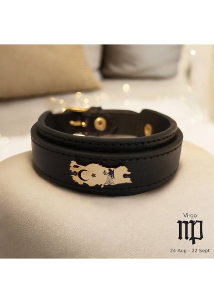 Altın Plakalı 14 Ayar Başak Burçlarına Özel Siyah Derili Türkiye Haritalı Hediye BILEKLIK-440BURÇ fiyatları