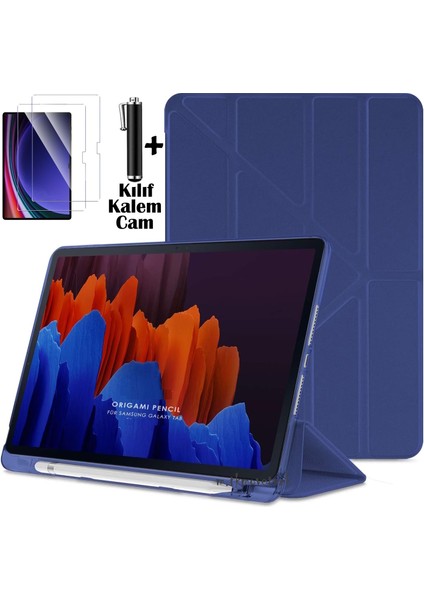Samsung Galaxy Tab S6 Lite 2024 P610 P617 P620 10.4 Kılıf Kalem Bölmeli Katlanabilir Standlı Yumuşak Silikon Kapak + Ekran Koruyucu Cam + Dokunmatik Kalem 3'lü Set