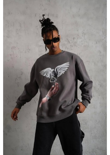 Erkek Güvercin Baskılı Sweatshirt - Gri modelleri