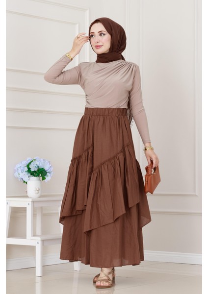 Katlı Botto Vual Etek-Kahverengi
