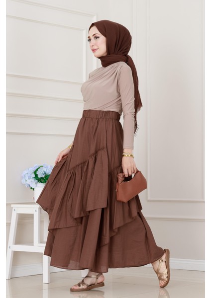 Katlı Botto Vual Etek-Kahverengi modelleri
