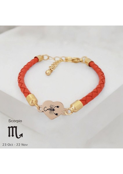 14 Ayar Altın Plakalı Akrep Burçlarına Özel Kalp Figürlü Turuncu Derili Hediye BILEKLIK-434BURÇ