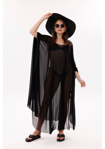 Kimono Pareo - Tesettür Pareo - Esnek Likralı Tül Siyah 240X135 cm