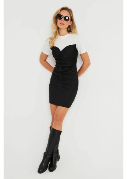 Kadın Büzgülü Mini Elbise Siyah-Beyaz KS116