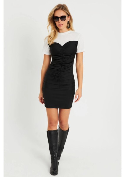 Kadın Büzgülü Mini Elbise Siyah-Beyaz KS116 modelleri