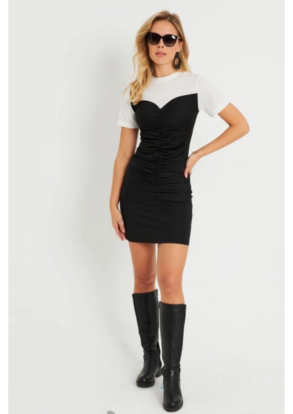 Kadın Büzgülü Mini Elbise Siyah-Beyaz KS116 fırsatları
