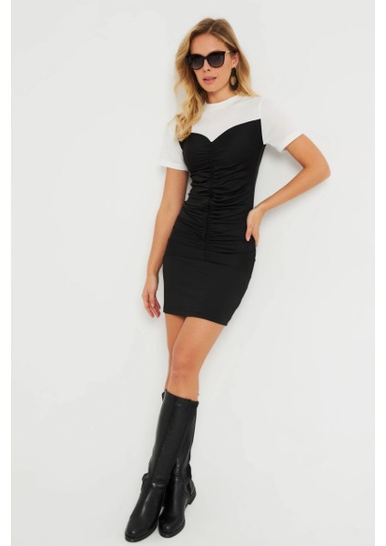 Kadın Büzgülü Mini Elbise Siyah-Beyaz KS116 indirimleri