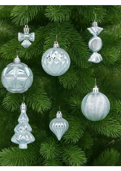 Yılbaşı Ağacı Süsleri Karışık Figürlü Asmalı Süs Set Soft Mavi 18'li