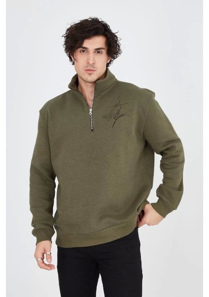 Erkek Yarım Fermuarlı Baskılı Sweat - Yeşil fırsatları