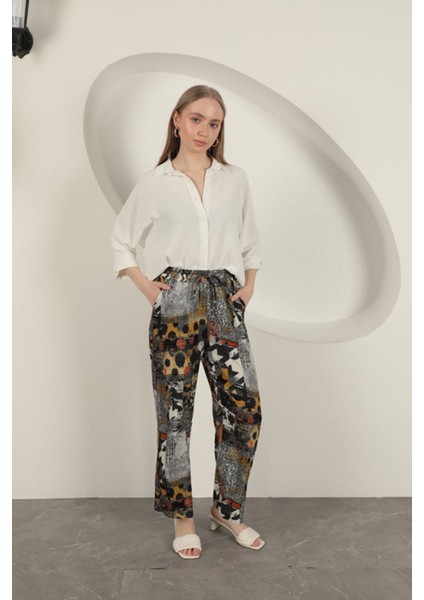 Viskon Kumaş Geniş Kadın Pantolon-Siyah