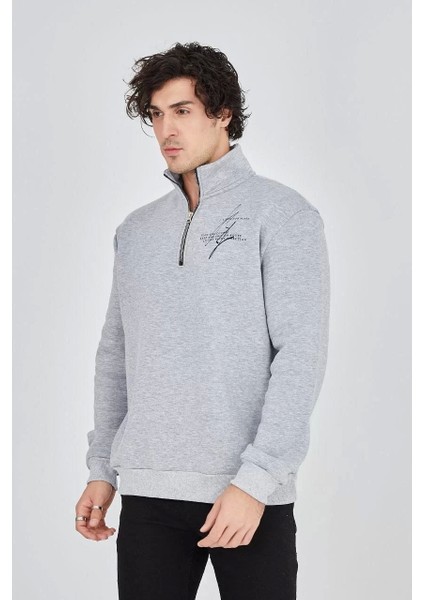 Erkek Yarım Fermuarlı Baskılı Sweat - Gri fırsatları